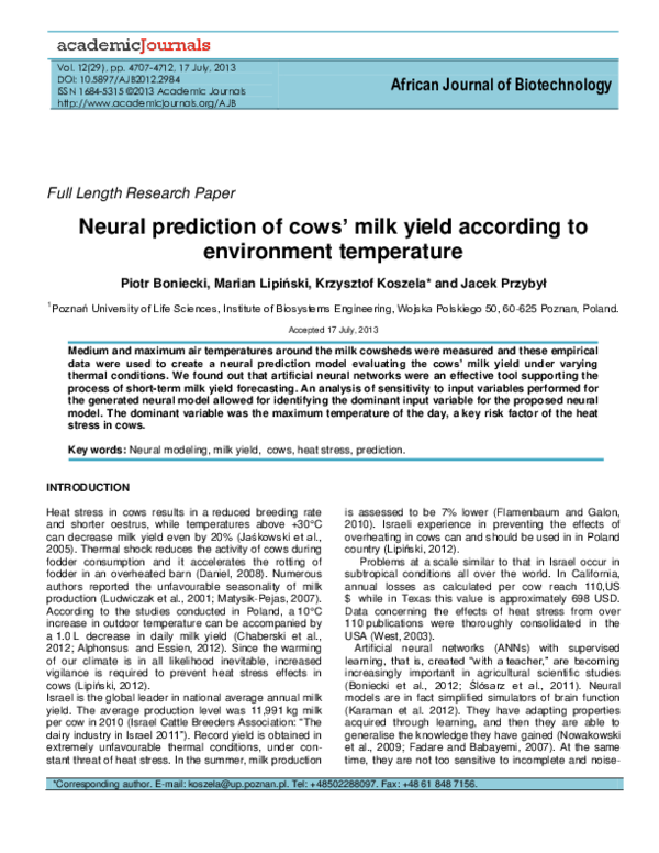 (PDF) Neural prediction of cows milk yield according to environment ...