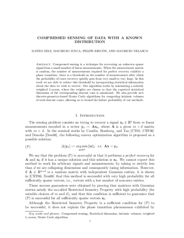 (PDF) Compressed sensing of data with a known distribution