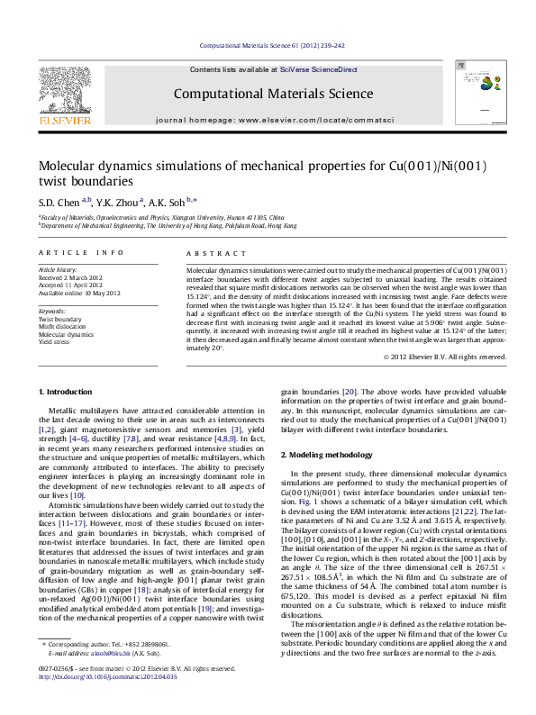 (PDF) Molecular dynamics simulations of mechanical properties for Cu ...