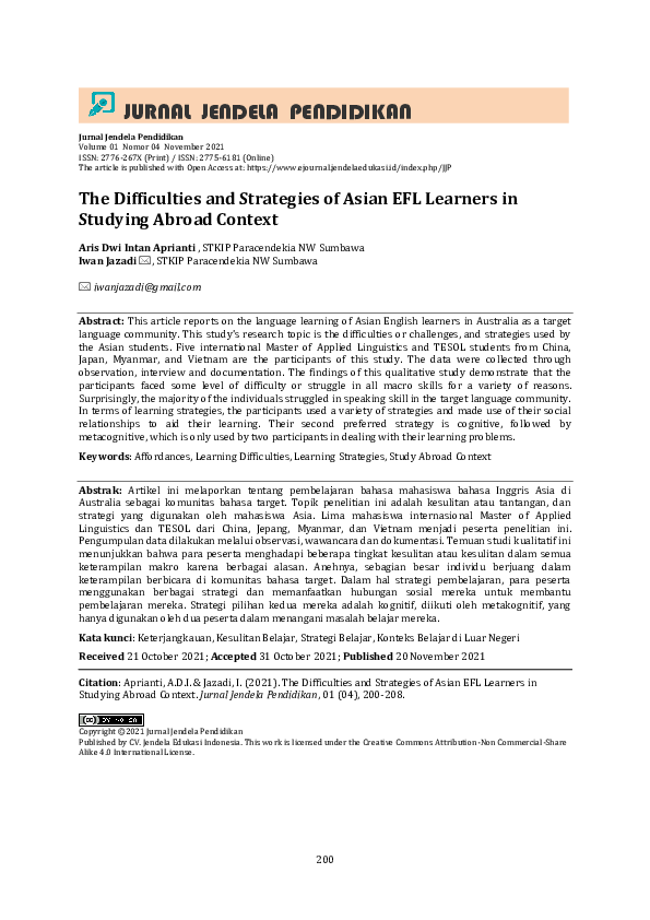 (PDF) Difficulties and Strategies of Asian EFL Learners in Studying ...