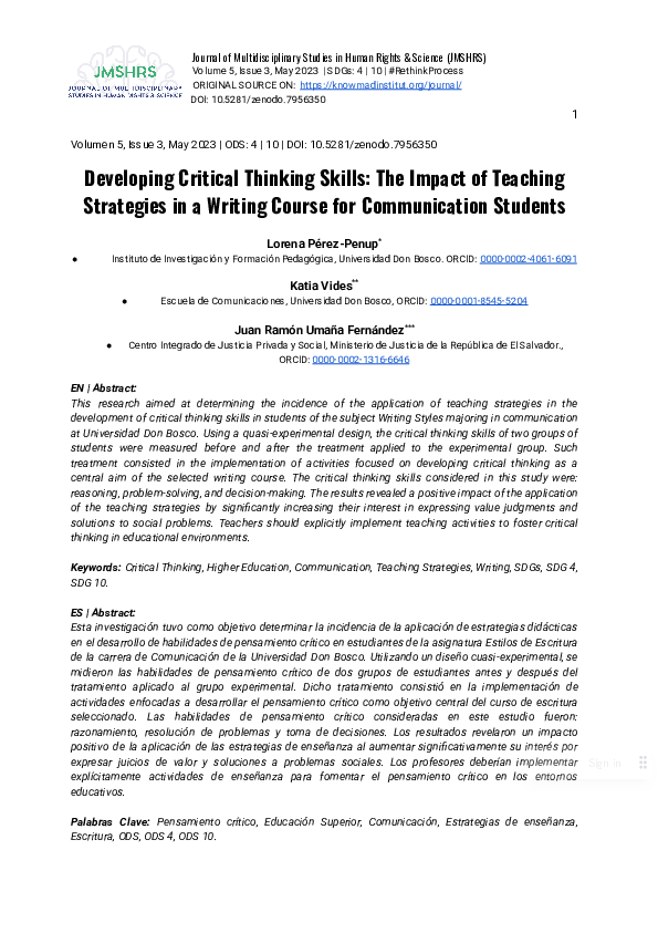 (PDF) Developing Critical Thinking Skills: The Impact of Teaching ...