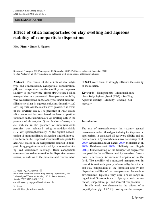 (PDF) Effect of silica nanoparticles on clay swelling and aqueous ...