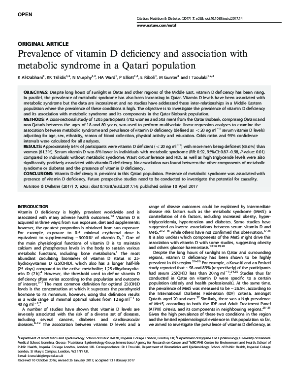 (PDF) Prevalence of vitamin D deficiency and association with metabolic ...