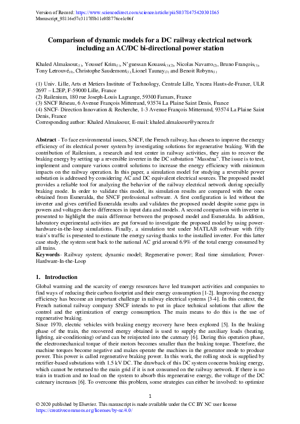 (PDF) Comparison of dynamic models for a DC railway electrical network ...