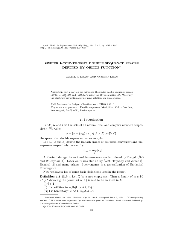 (PDF) Zweier I-Convergent Double Sequence Spaces Defined by Orlicz Function