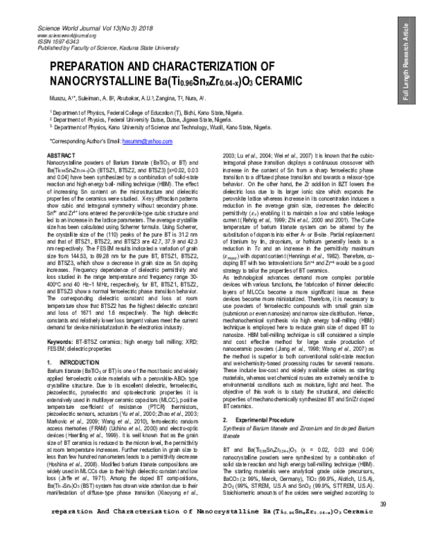 (PDF) PREPARATION AND CHARACTERIZATION OF NANOCRYSTALLINE Ba(Ti0 ...