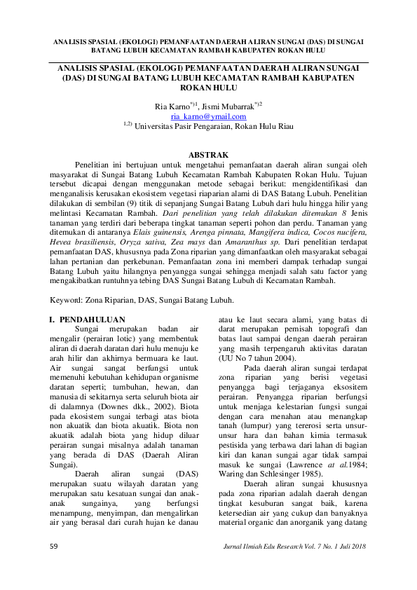 (PDF) Analisis Spasial (Ekologi) Pemanfaatan Daerah Aliran Sungai (Das ...