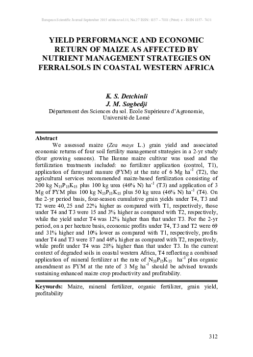 (PDF) Yield Performance and Economic Return of Maize as Affected by ...