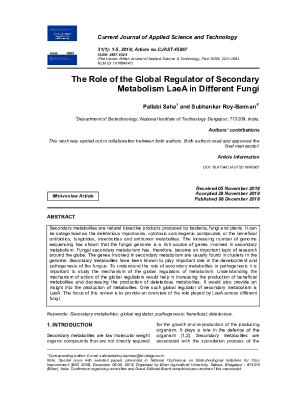 (PDF) The Role of the Global Regulator of Secondary Metabolism LaeA in ...