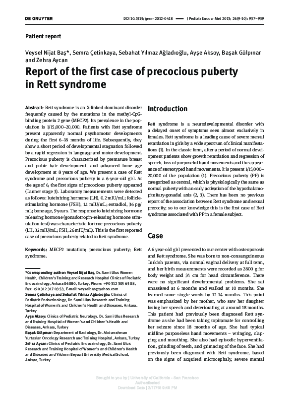 (PDF) Report of the first case of precocious puberty in Rett syndrome