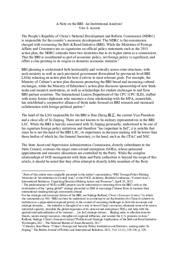 (PDF) A Note on the BRI: An Institutional Analysis