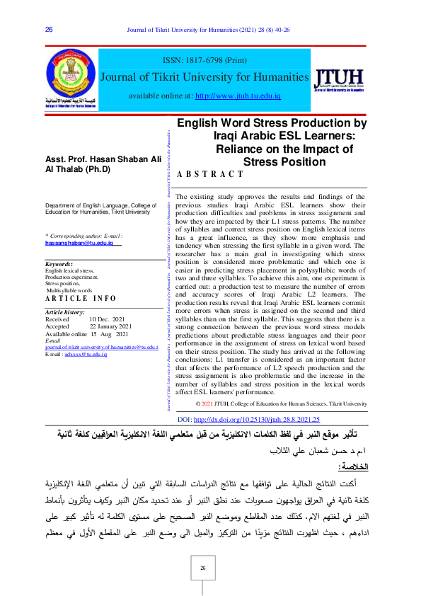 (PDF) English Word Stress Production by Iraqi Arabic ESL Learners ...