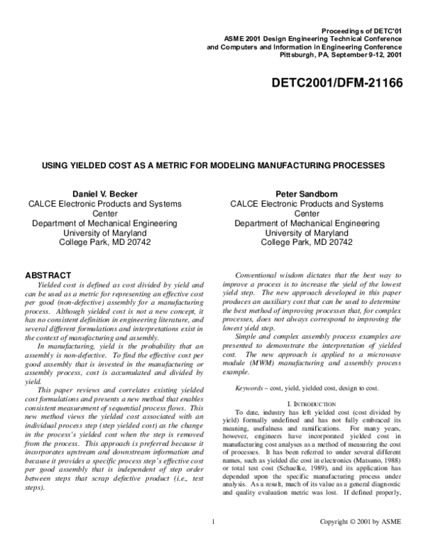 (PDF) Using Yielded Cost As a Metric for Modeling Manufacturing Processes