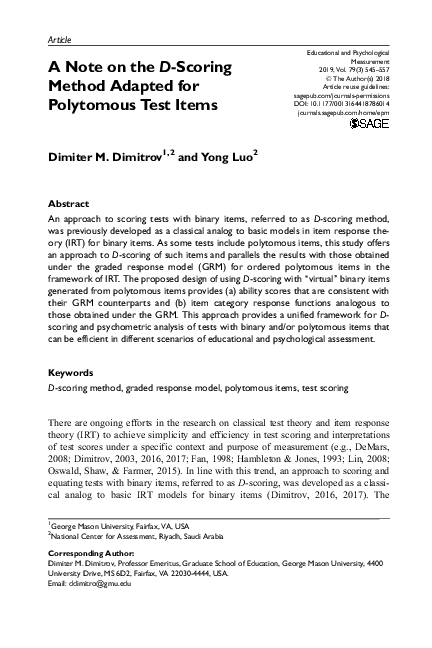 (PDF) A Note on the D-Scoring Method Adapted for Polytomous Test Items