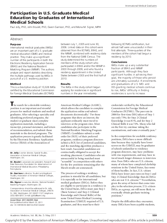 (PDF) Participation in U.S. Graduate Medical Education by Graduates of ...
