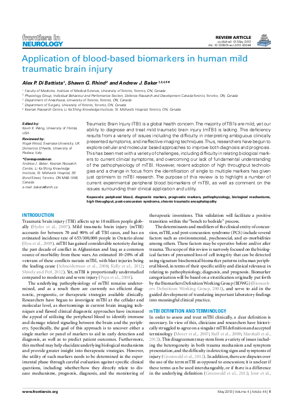 (PDF) Application of Blood-Based Biomarkers in Human Mild Traumatic ...