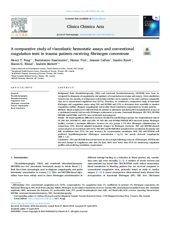 (PDF) A comparative study of viscoelastic hemostatic assays and ...