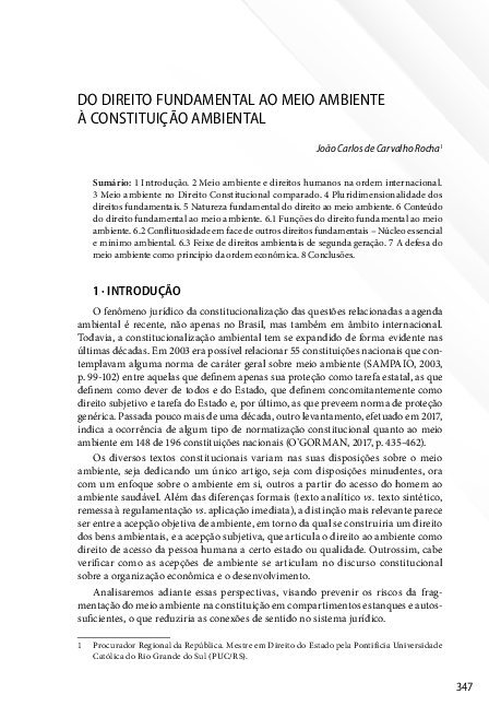 (PDF) DO DIREITO FUNDAMENTAL AO MEIO AMBIENTE À CONSTITUIÇÃO AMBIENTAL
