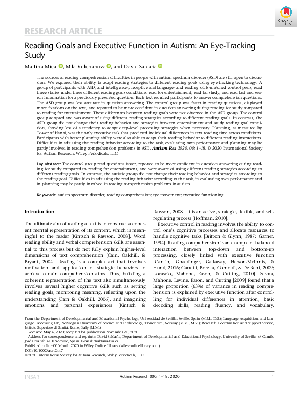 (PDF) Reading Goals and Executive Function in Autism: An Eye‐Tracking Study