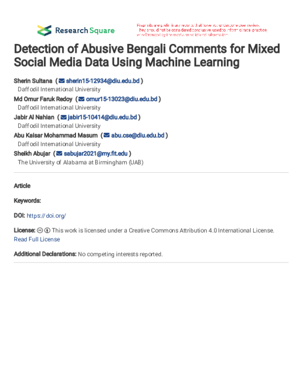 (PDF) Detection of Abusive Bengali Comments for Mixed Social Media Data ...