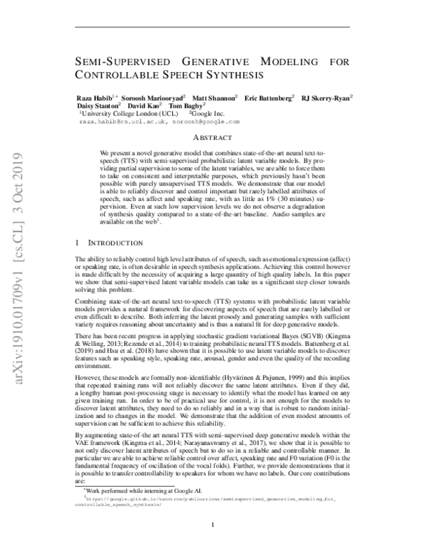 (PDF) Semi-Supervised Generative Modeling for Controllable Speech Synthesis