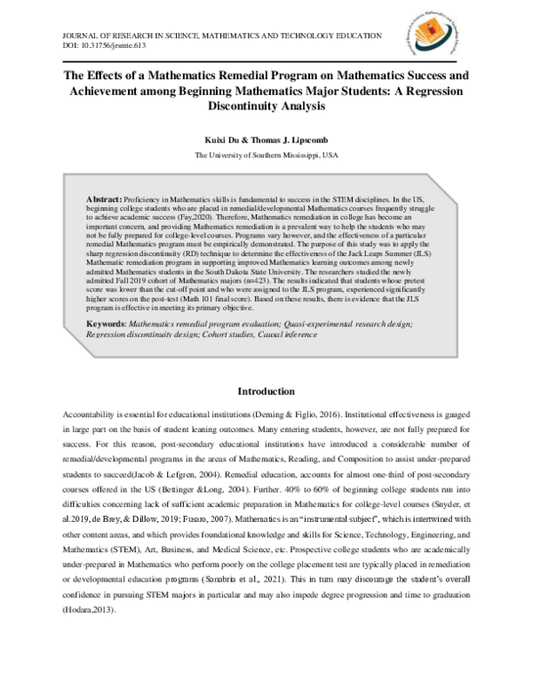 (PDF) The Effects of a Mathematics Remedial Program on Mathematics ...