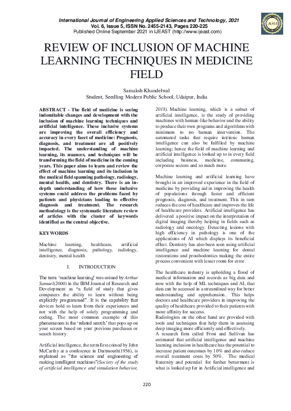 (PDF) Review of Inclusion of Machine Learning Techniques in Medicine Field