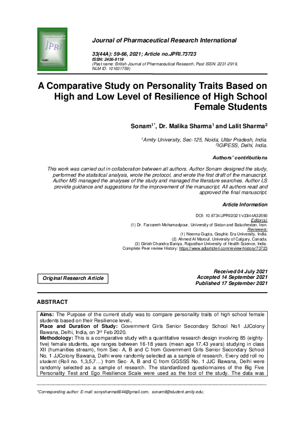 (PDF) A Comparative Study on Personality Traits Based on High and Low ...