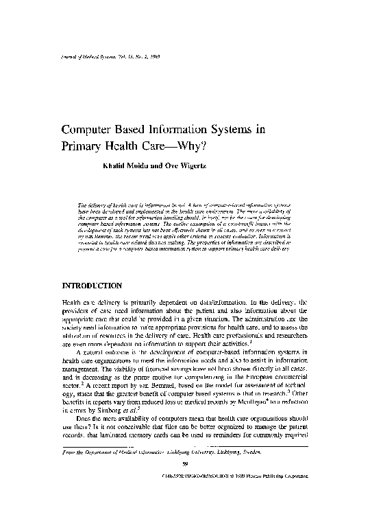(PDF) Computer based information systems in primary health care?Why?