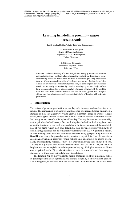 (PDF) Learning in indefinite proximity spaces - Recent trends
