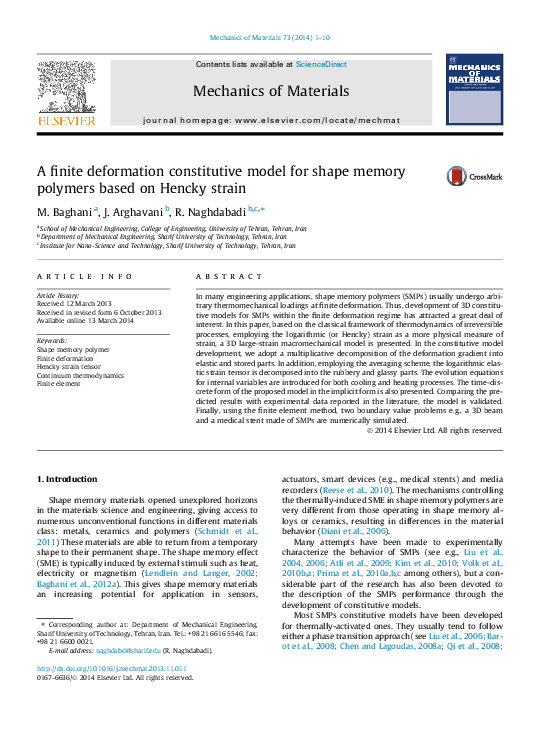 (PDF) A finite deformation constitutive model for shape memory polymers ...