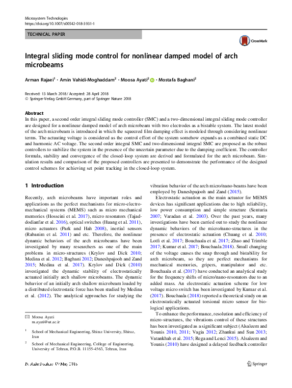 (PDF) Integral sliding mode control for nonlinear damped model of arch ...