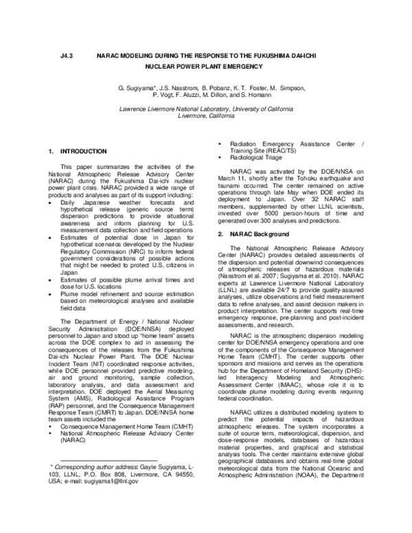 (PDF) NARAC Modeling During the Response to the Fukushima Dai-ichi ...
