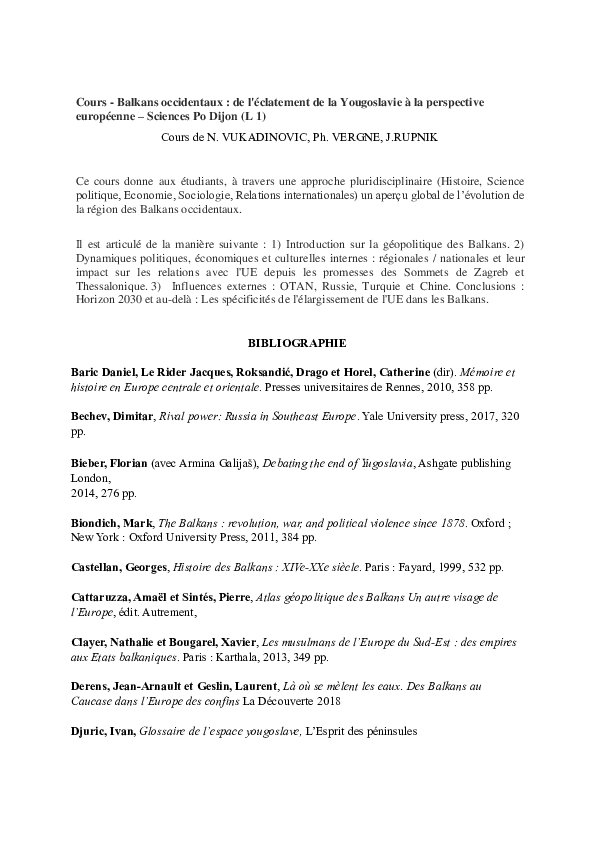 (PDF) Cours - Balkans occidentaux : de l'éclatement de la Yougoslavie à ...