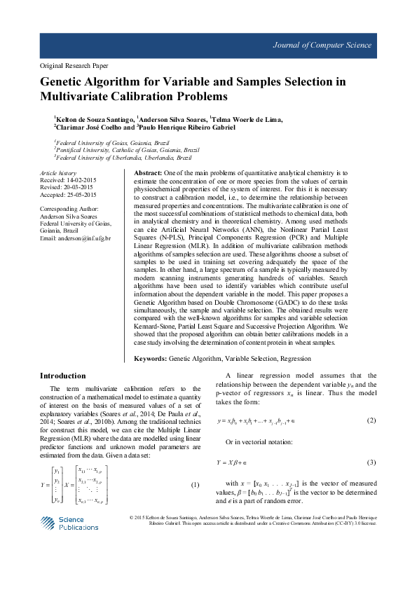(PDF) Genetic Algorithm for Variable and Samples Selection in ...