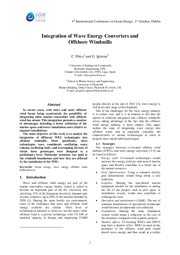 (PDF) Integration of wave energy converters and offshore windmills