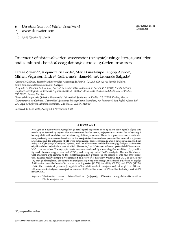 (PDF) Treatment of nixtamalization wastewater (nejayote) using ...