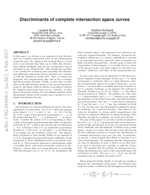(PDF) Discriminants of complete intersection space curves