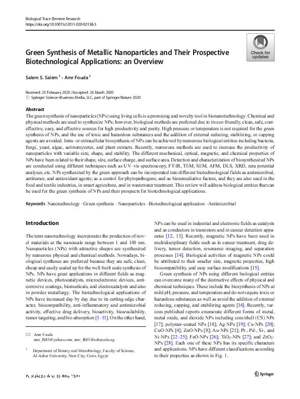 (PDF) Green Synthesis of Metallic Nanoparticles and Their Biomedical ...