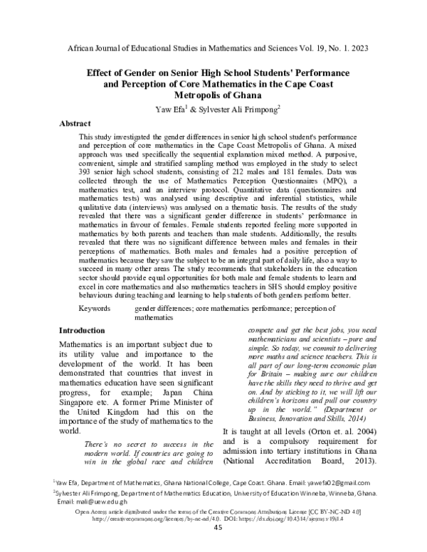 (PDF) Effect of Gender on Senior High School Students' Performance and ...