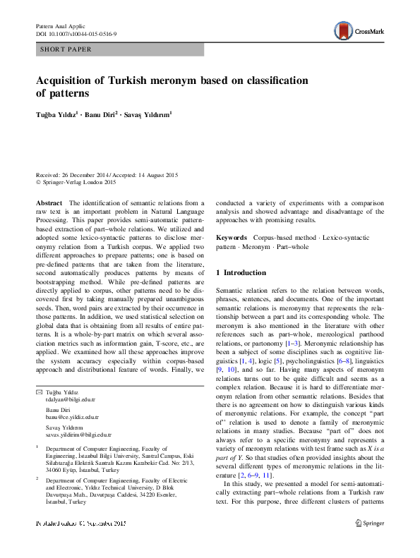 (PDF) Acquisition of Turkish meronym based on classification of patterns