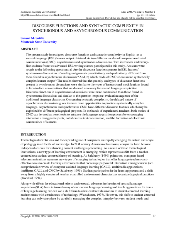 (PDF) Discourse functions and syntactic complexity in synchronous and ...
