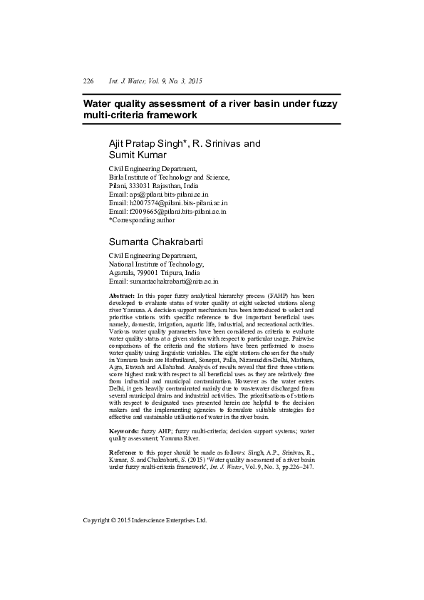 (PDF) Water quality assessment of a river basin under fuzzy multi ...