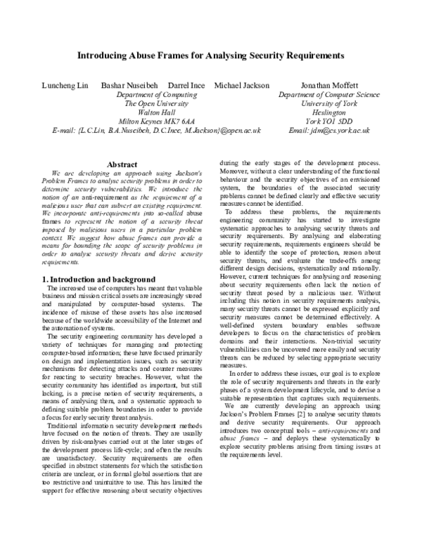 (PDF) Introducing abuse frames for analysing security requirements