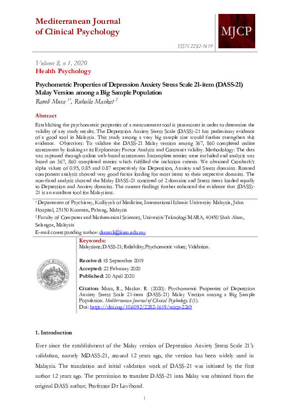 (PDF) Psychometric Properties of Depression Anxiety Stress Scale 21 ...