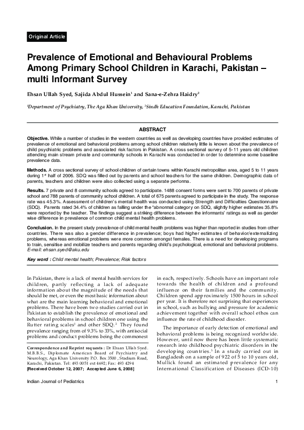 (PDF) Prevalence of emotional and behavioural problems among primary ...