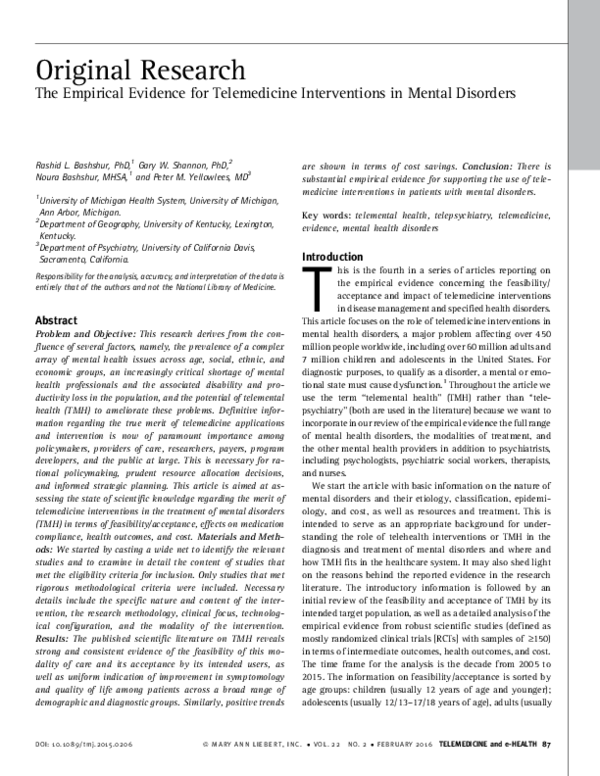 (PDF) The Empirical Evidence for Telemedicine Interventions in Mental ...