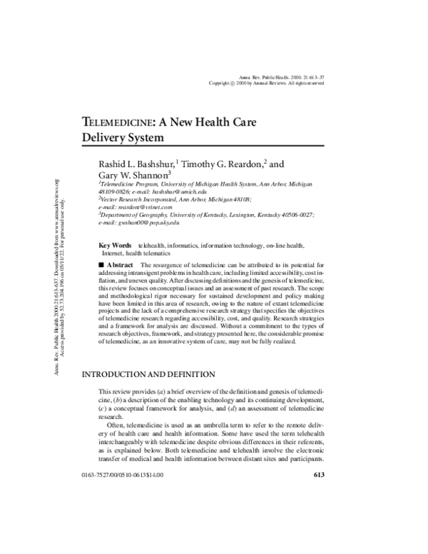 (PDF) Telemedicine: A New Health Care Delivery System