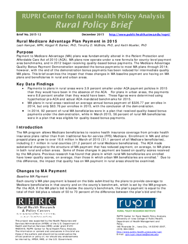 (PDF) Rural Medicare Advantage Plan Payment in 2015