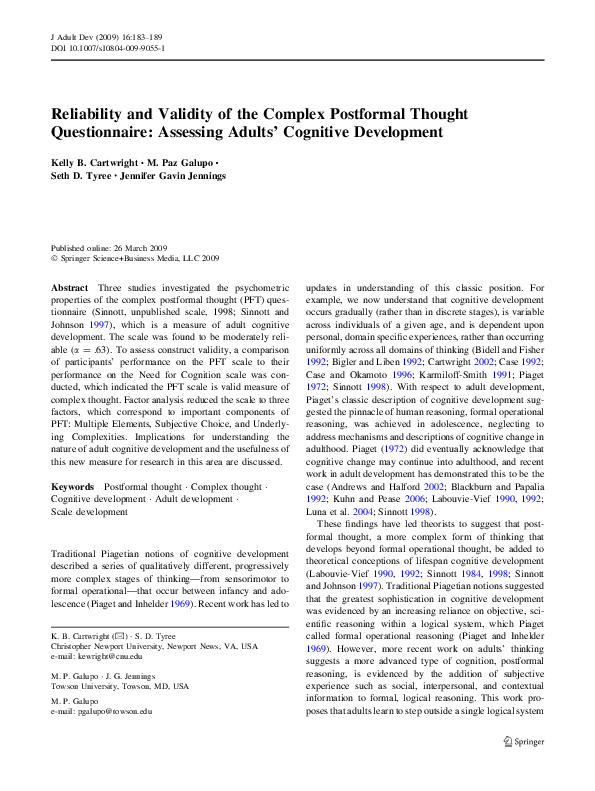 (PDF) Reliability and Validity of the Complex Postformal Thought ...